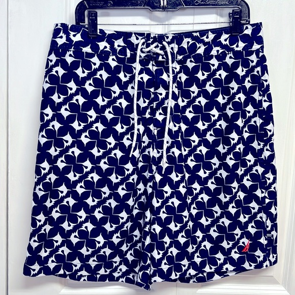 Nautica Navy Blue White Marlin Fish Print Swim Trunks Size 34 - Picture 1 of 6